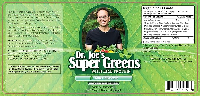 Dr. Joe's Super Greens - Mint Flavor - Vegan Green Superfood Powder with Rice Protein