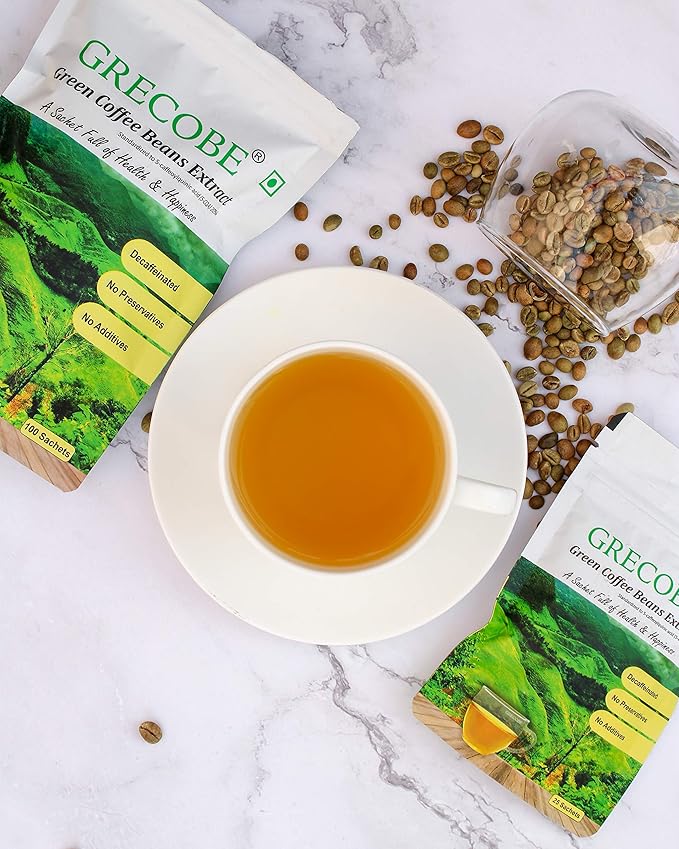 100% Pure Green Coffee Beans Extract with 50% chlorogenic acids Decaffeinated antioxidant | Maintain Metabolism - (1Pouch- 100 sachets)