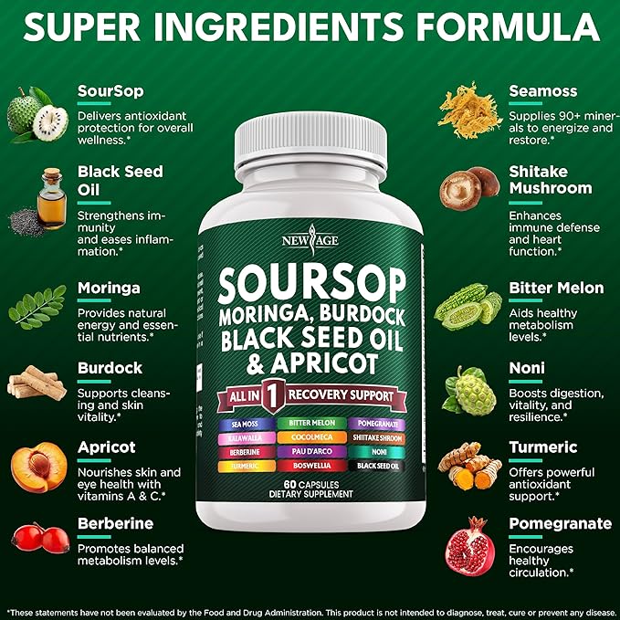 Soursop Supplement - Moringa Sea Moss Black Seed Oil Berberine Turmeric Apricot Quercetin Greens Bitters Boswellia Bitter Melon Burdock Root - 180 Capsules
