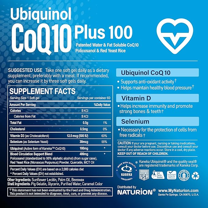 Ubiquinol CoQ10 Plus 100 – Kaneka Ubiquinol Vitamin D3 Selenium Circulation Support Blend – 100mg CoQ10 Supplement 60 Softgels 60-Day Supply