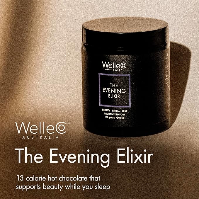 WelleCo The Evening Elixir Vitamin C Hot Chocolate Beauty Drink Mix with Niacin Lemon Balm &amp Magnesium Supports Sleep Collagen Formation &amp Skin Glow 150g (5.3 oz) Jar