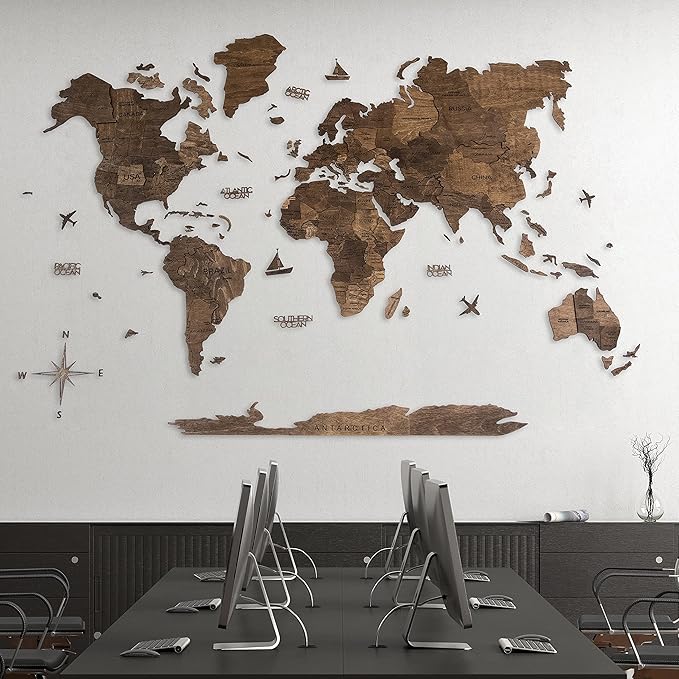 Handmade 3D Wood World Map Wall Art Large Wall Decor Track Your World Travels - Special for Home Kitchen and Office (X-Large Walnut)