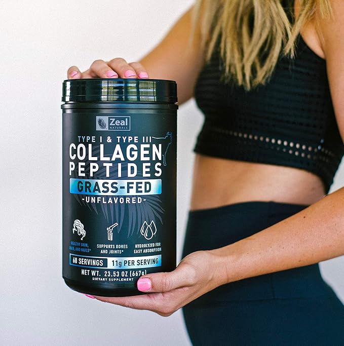 Zeal Naturals Hydrolyzed Collagen Peptides Powder 10g Protein | Grass-Fed Collagen for Women &amp Men | Essential Amino Acids | Hair Skin Nails Bone Health | 60 Servings Unflavored 23.53 oz.