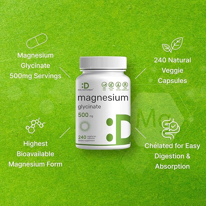 Deal Supplement Magnesium Glycinate 500mg 480 Veggie Capsules | 100% Chelated for Easy Absorption | Essential Mineral Supplement | Non-GMO Gluten-Free