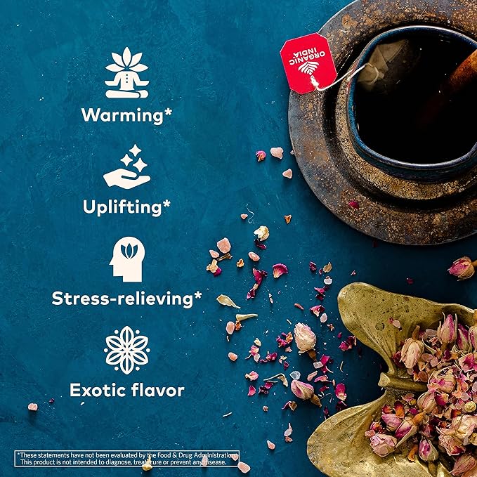 ORGANIC INDIA Tulsi Cinnamon Rose Tea - Tulsi Rose Tea Bags Cinnamon Tea Bags w/Holy Basil Chamomile Caffeine Free - 18 Infusion Bags 3 Pack