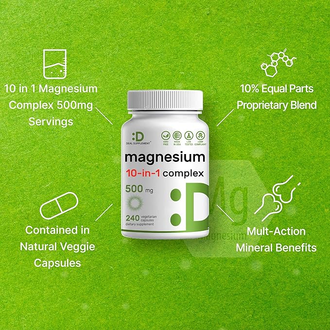 Magnesium Complex 500mg 480 Veggie Capsules – Pack of 2 | 10-in-1 Glycinate Citrate Malate Oxide &amp More – 100% Chelated for Easy Absorption – Essential Mineral Supplement – Non-GMO