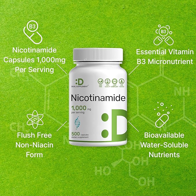 Vitamin B3 Nicotinamide 1000mg Per Serving – 500 Capsules Flush Free Niacin Essential B3 – Supports Healthy Skin &amp Energy Production – Non-GMO
