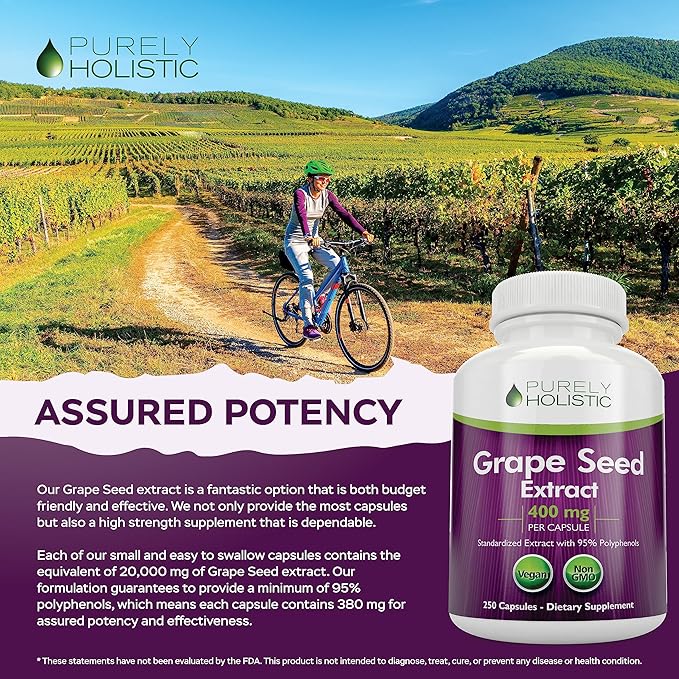Purely Holistic Grape Seed Extract 20000mg - 250 Vegan Capsules - 8+ Month Supply - Standardized to 95% Polyphenols - 400 mg per Capsule - Maximum Strength Grapeseed - Non-GMO &amp Pesticide Free