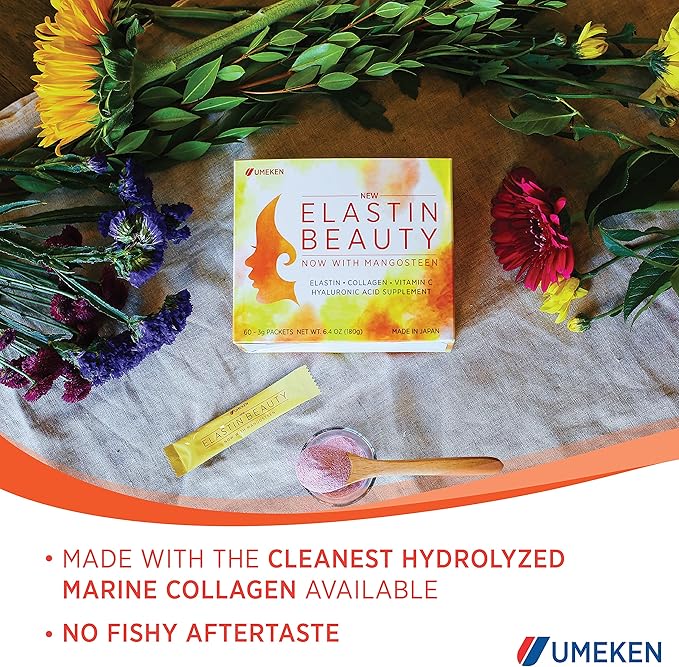 Umeken Elastin Beauty Powder Supplement with Collagen Peptides Hyaluronic Acid Vitamin C and Mangosteen Fruit Women’s Health and Wellness 2 Month Supply 120 Packets