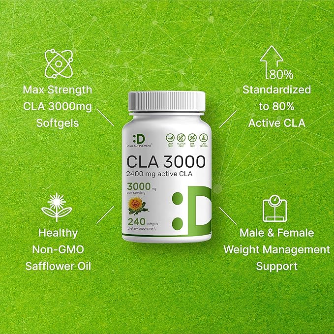 Ultra Strength CLA 3000mg | 240 Softgels Active Conjugated Linoleic Acid from Safflower Oil